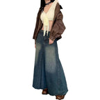 Women's Retro Blue High Waist Slit Denim Skirt