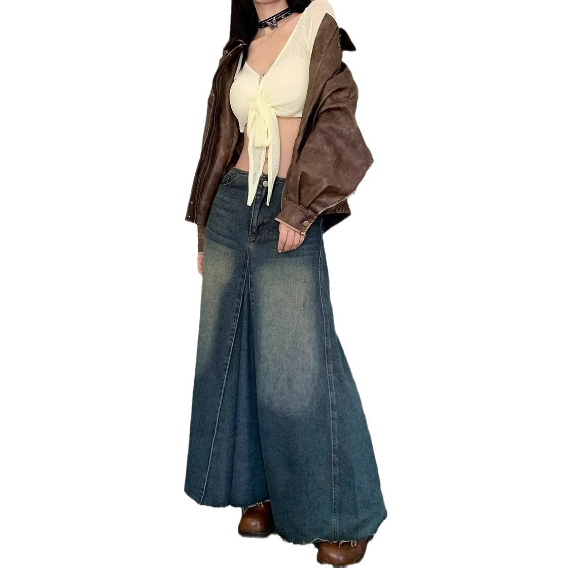 Women's Retro Blue High Waist Slit Denim Skirt