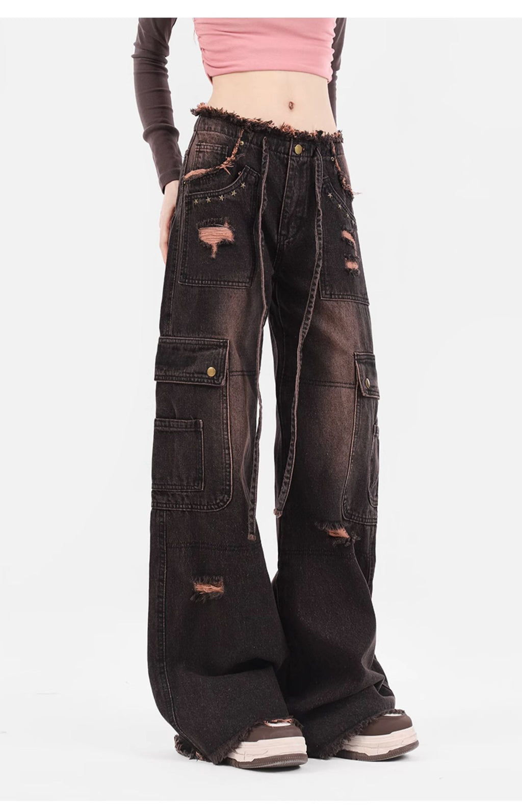 Women's Retro Washed Burr Damage Cargo Jeans