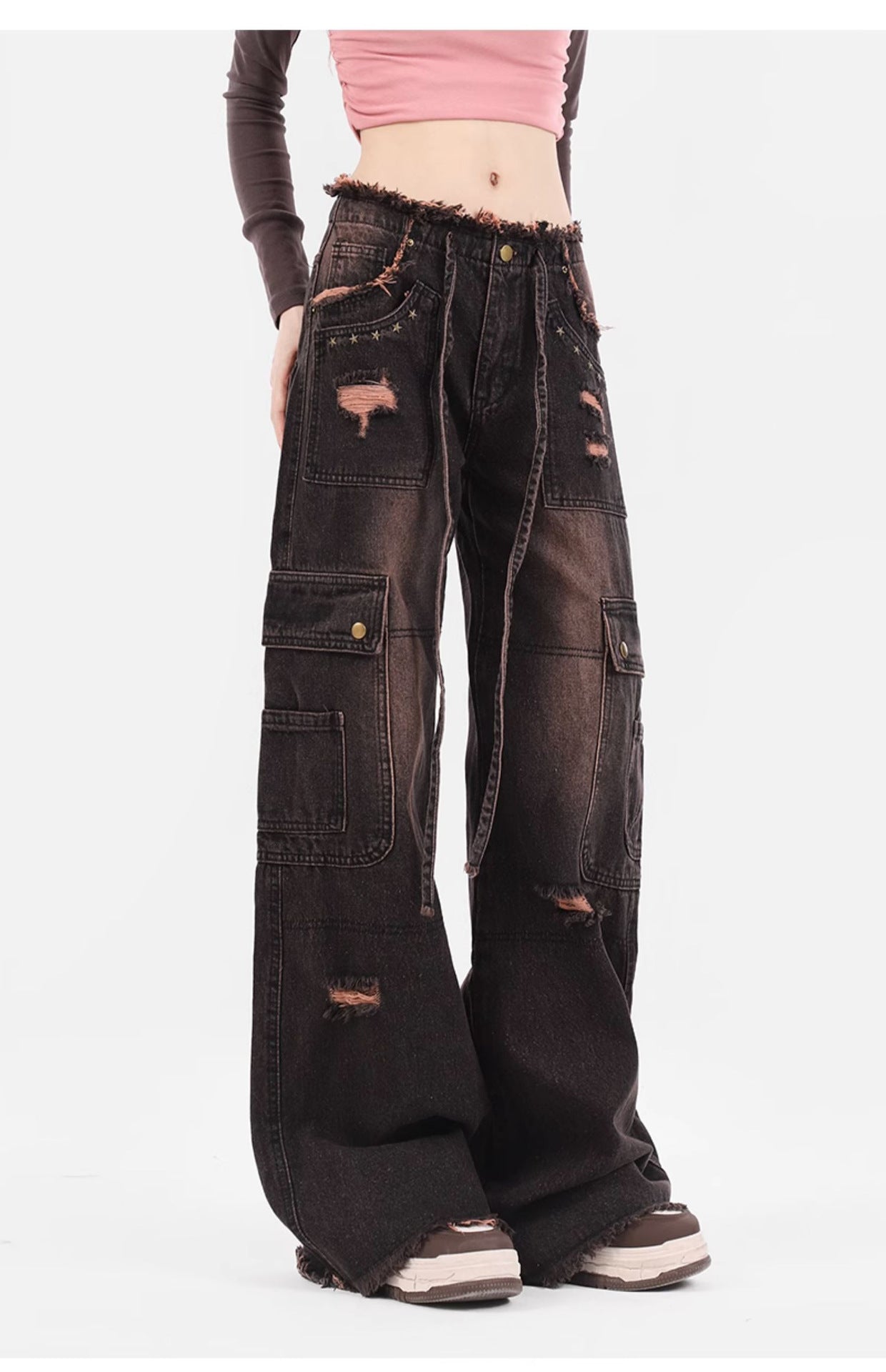 Women's Retro Washed Burr Damage Cargo Jeans