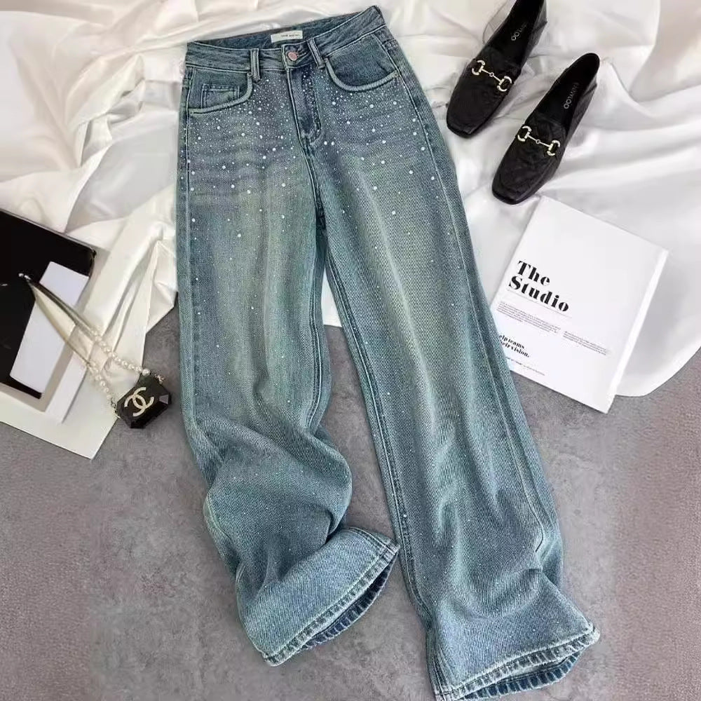 Women's Starry Diamond Rhinestone Straight Washed Blue Jeans