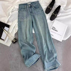 Women's Starry Diamond Rhinestone Straight Washed Blue Jeans
