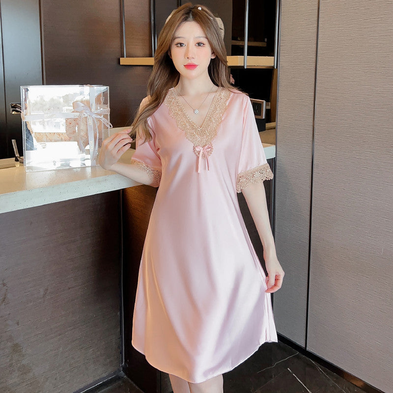 Women's Thin Lace Ice- Silk Embroidered Short Sleeve Nightdress
