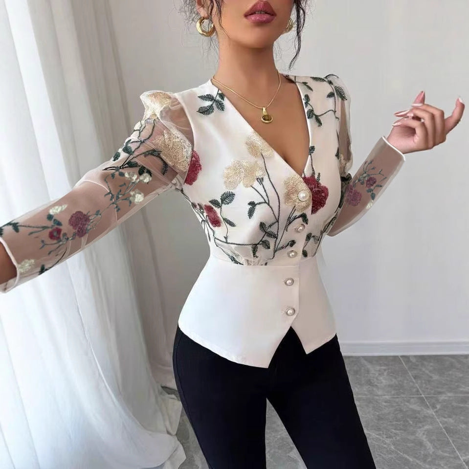 Women's White Rose Vintage Lace Slim-Waist Shirt