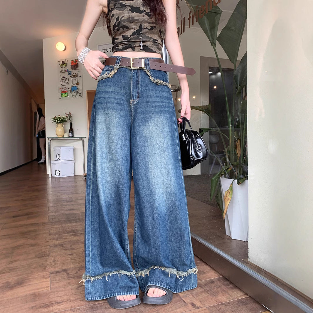 Women's Retro Ripped Hem Loose Wide-Legged Jeans