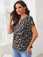 Women's Leopard Print V Neck Short Sleeve Top