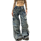 Women's American Street Style Plus Size Multi-Pocket Aged Jeans