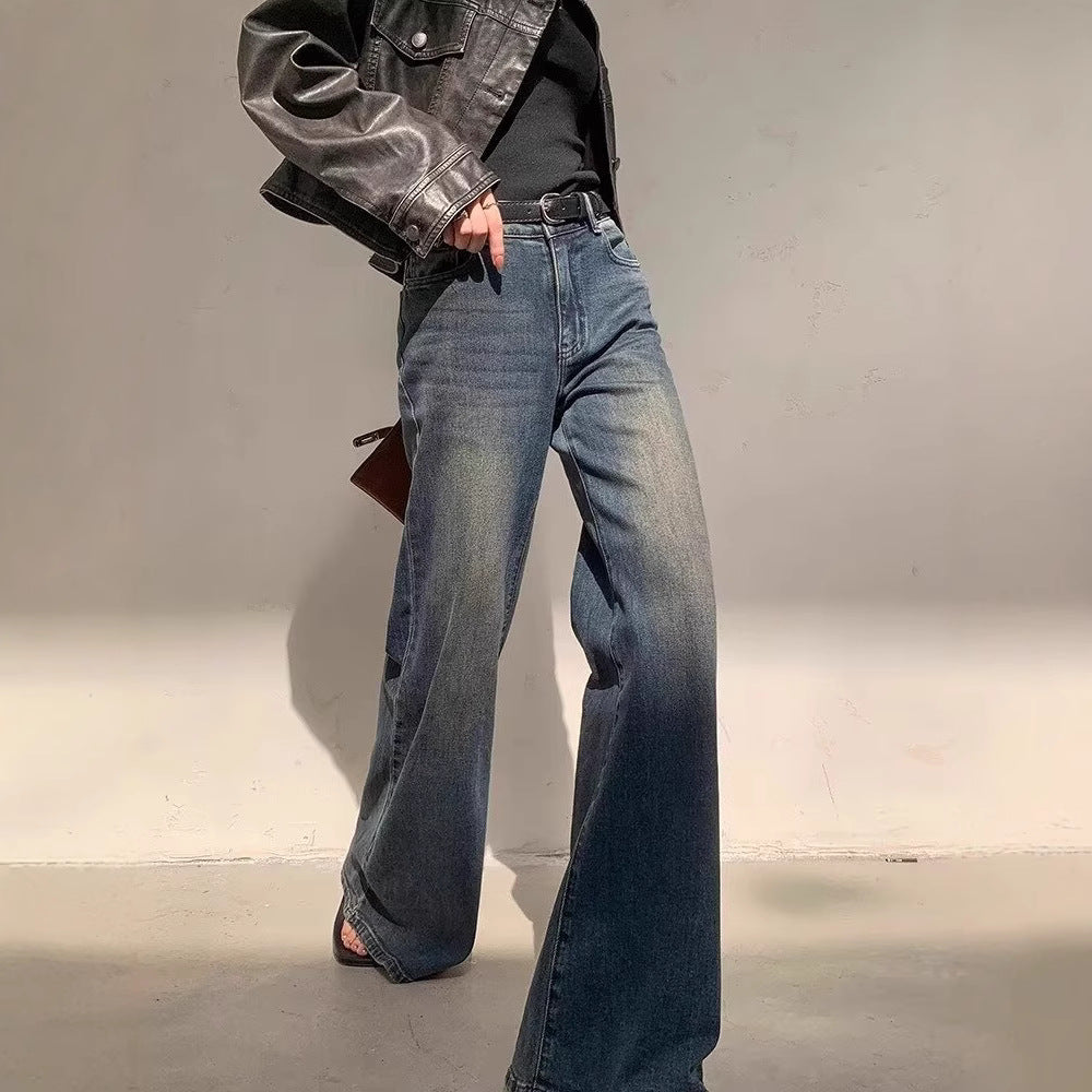 Women's Retro Washed Blue Micro-pull Mop Jeans