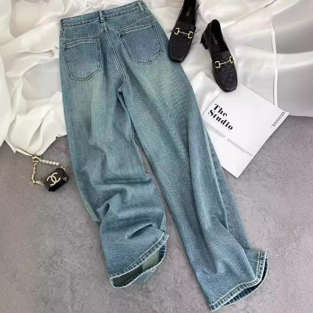 Women's Starry Diamond Rhinestone Straight Washed Blue Jeans