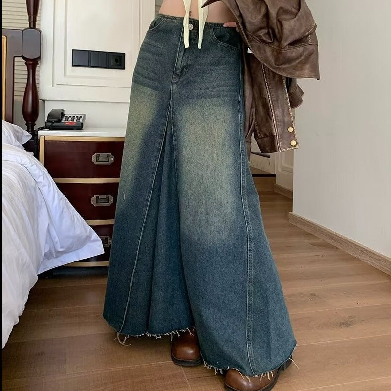 Women's Retro Blue High Waist Slit Denim Skirt