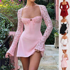 Women's Elegant Laced Long Sleeve Backless Lace Up Dress