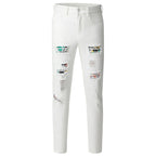 Men's White Color Patched Washed Jeans