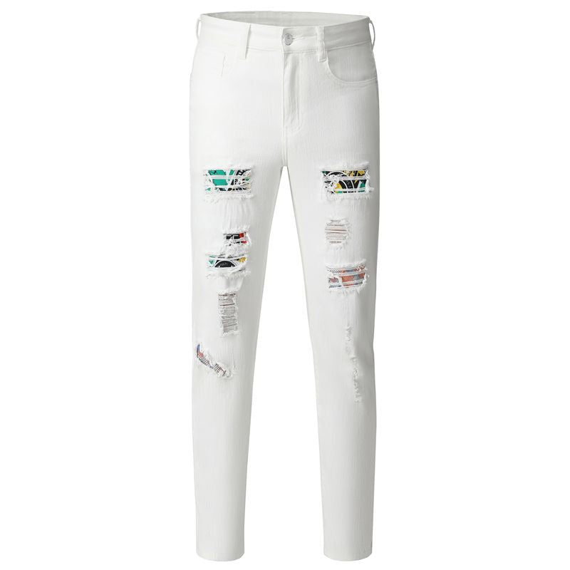 Men's White Color Patched Washed Jeans