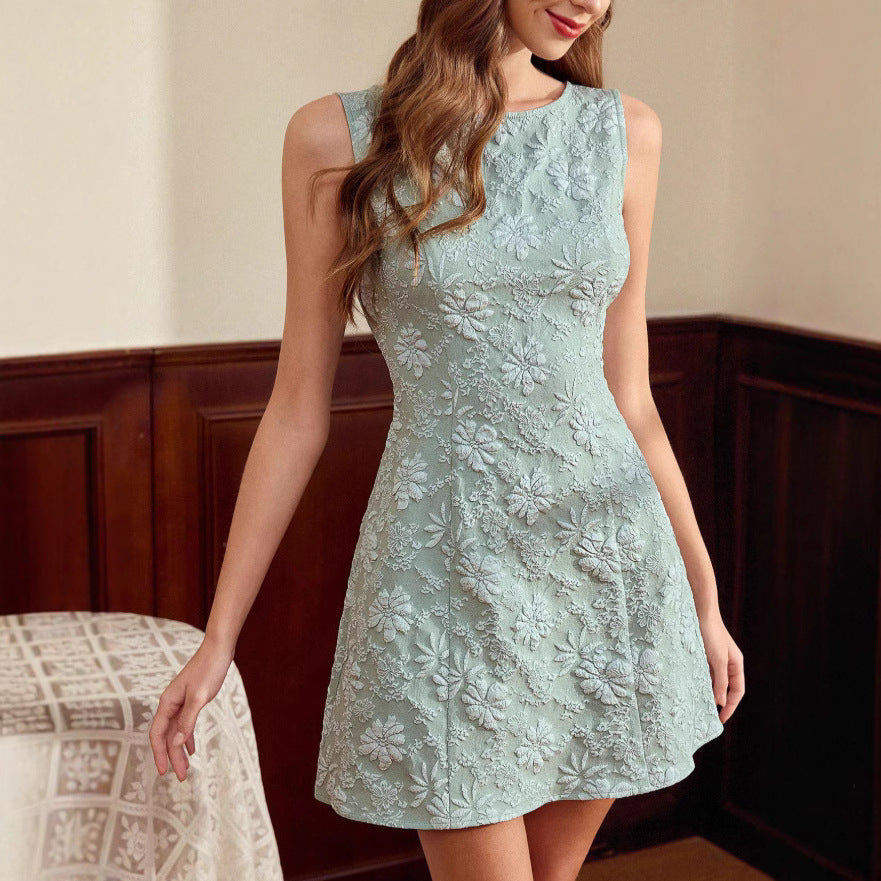 Women's French Floral Jacquard Sleeveless Dress