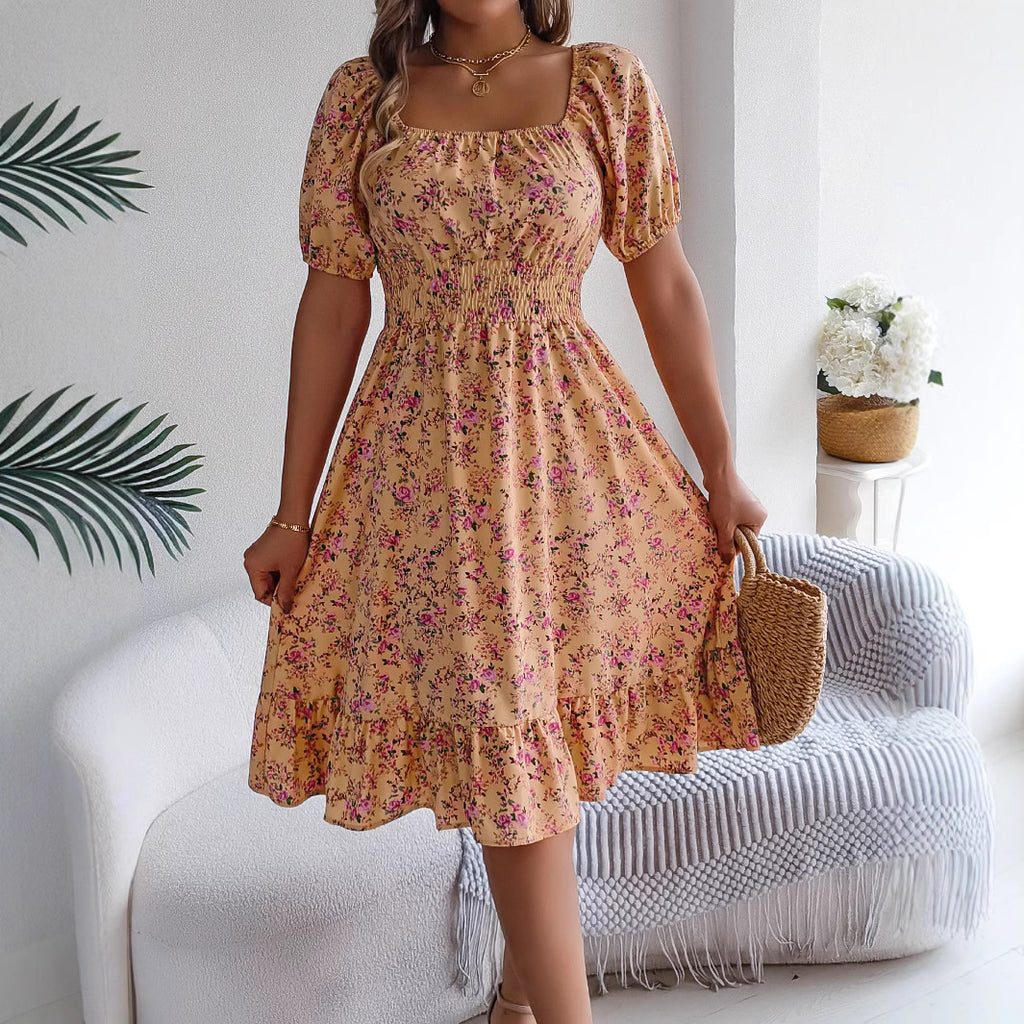 Women's Floral Square-Collar Ruffled Dress