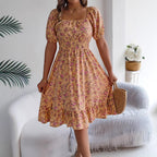 Women's Floral Square-Collar Ruffled Dress