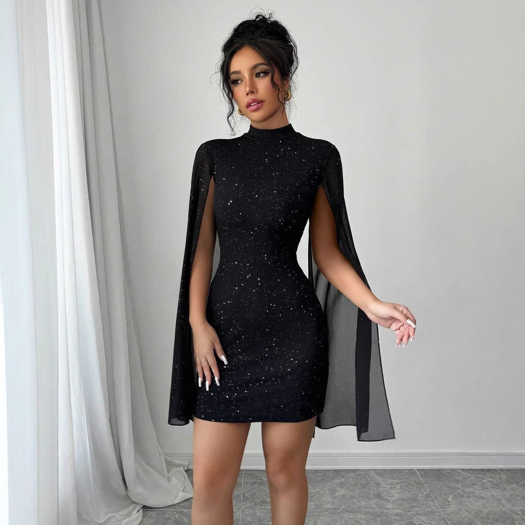 Women's Elegant Round Neck Cape Sleeve Wrapped Dress