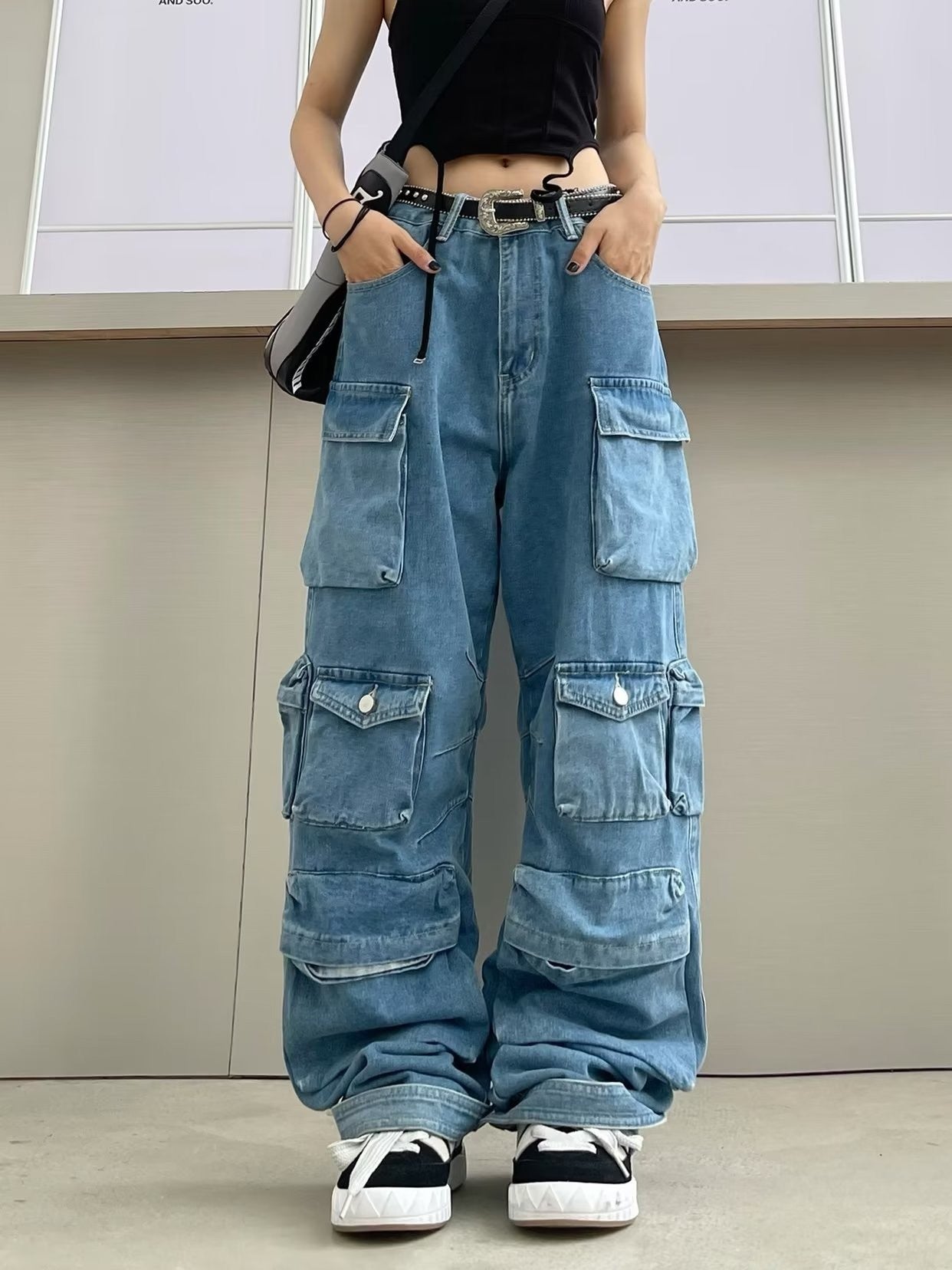 Women's High Waist Street Hipster Multi-pocket Wide Leg Jeans