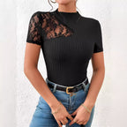 Women's Slim Fitting Lace Patchwork Short-sleeved Top