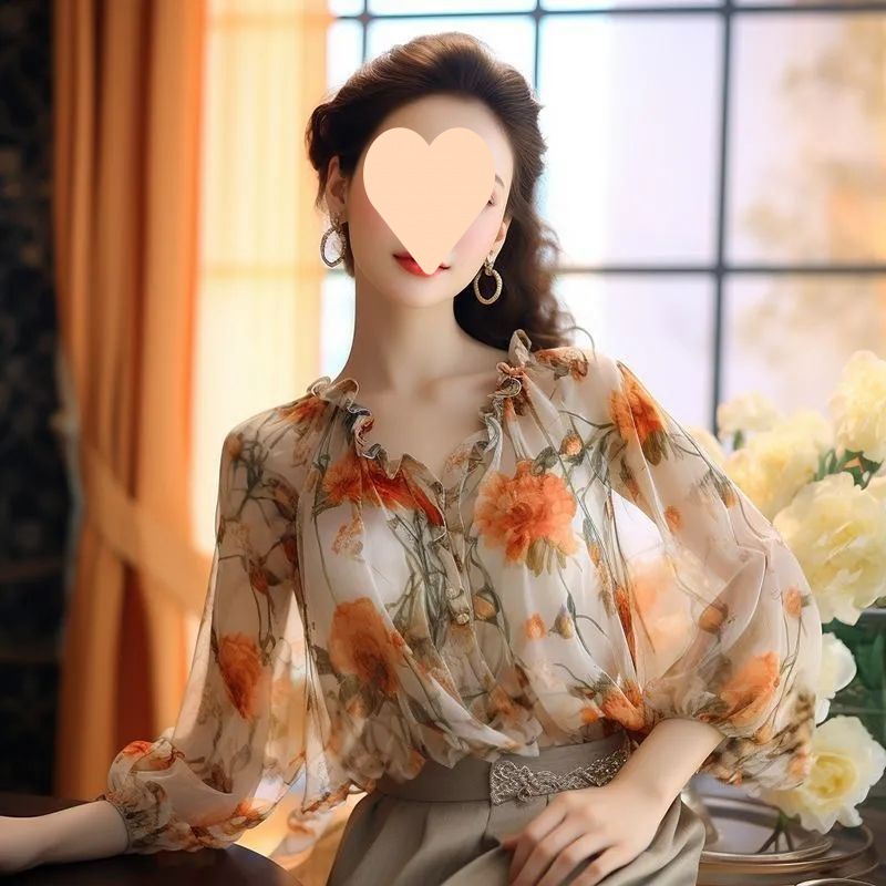 Women's Puff Sleeve Printed Chiffon Top