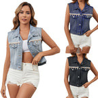 Women's Single Breasted Tassel Denim Short Vest