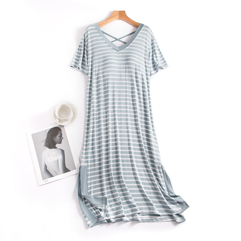 Women's Striped Short-Sleeved Nightdress With Chest Pad