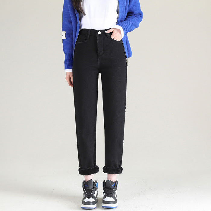 Women's Straight High Waist Thickened Fleece Padded Jeans