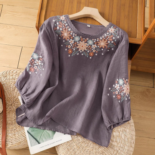 Women's Loose-fitting Lantern Sleeve Embroidered Top