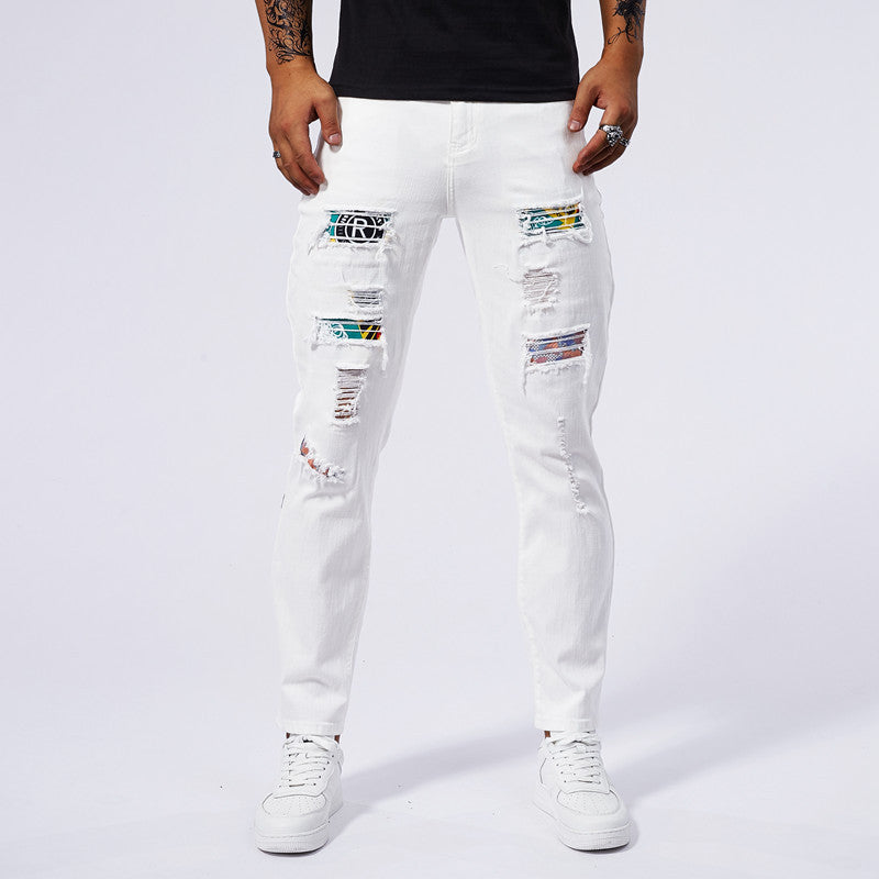 Men's White Color Patched Washed Jeans