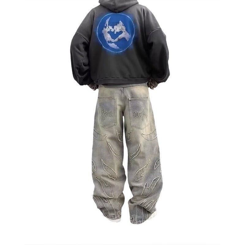 Men's Retro Flame Pattern Embroidered Baggy Jeans