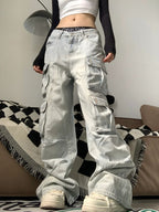 Women's Multi-pocket Light Blue Loose Jeans
