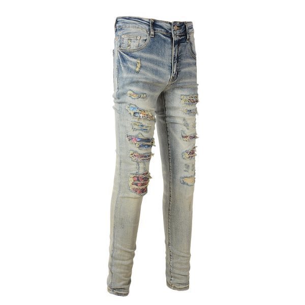 Men's Vintage Crumpled Ripped Cat Beard Patch Printed Jeans