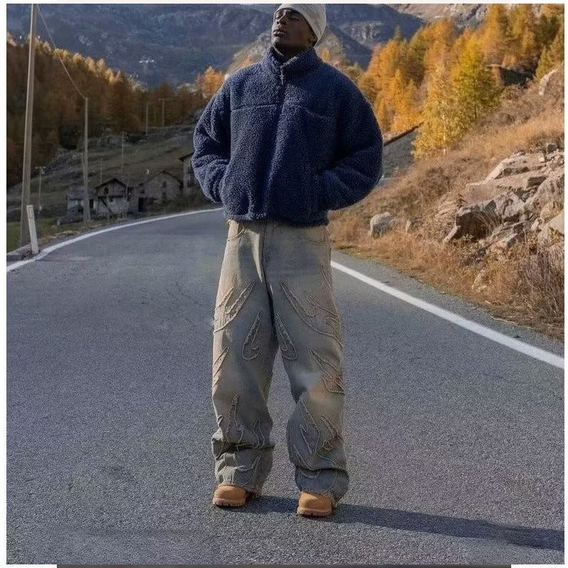 Men's Retro Flame Pattern Embroidered Baggy Jeans