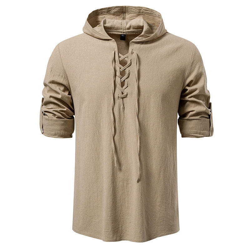 Men's Drawstring Cotton Long Sleeve Top