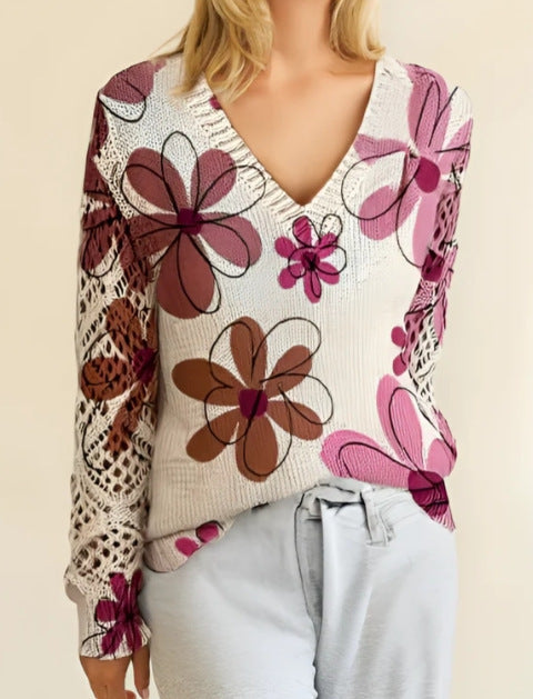 Women's Elegant Bohemian Floral V-neck Long Sleeve Top