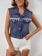 Women's Single Breasted Tassel Denim Short Vest