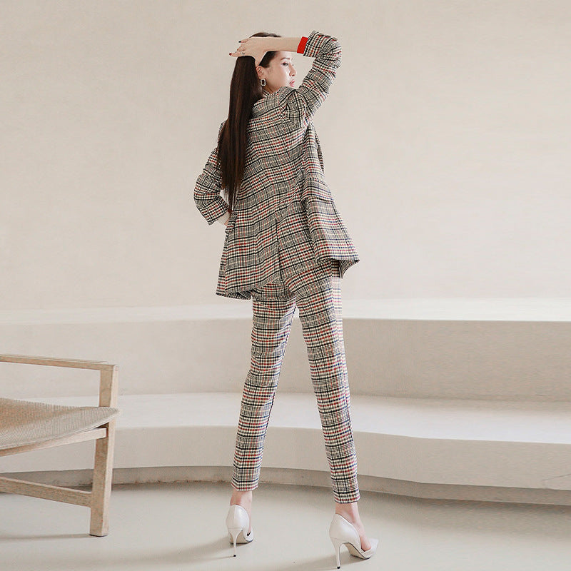 Women's Double-breasted Mixed Color Plaid Suit