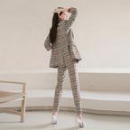 Women's Double-breasted Mixed Color Plaid Suit