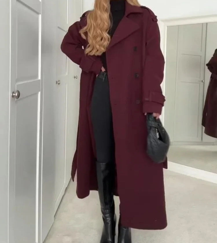 Women's Wine-Red Double-Breasted Trench Coat