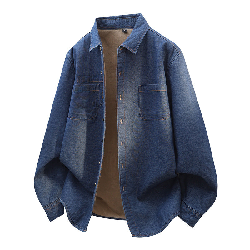 Men's Long-sleeved Fleece Lined Denim Shirt