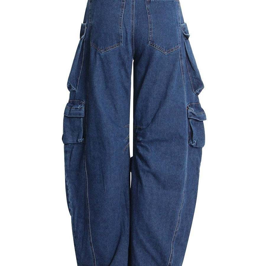 Women's Distressed Wide-leg Multi-pocket Jeans