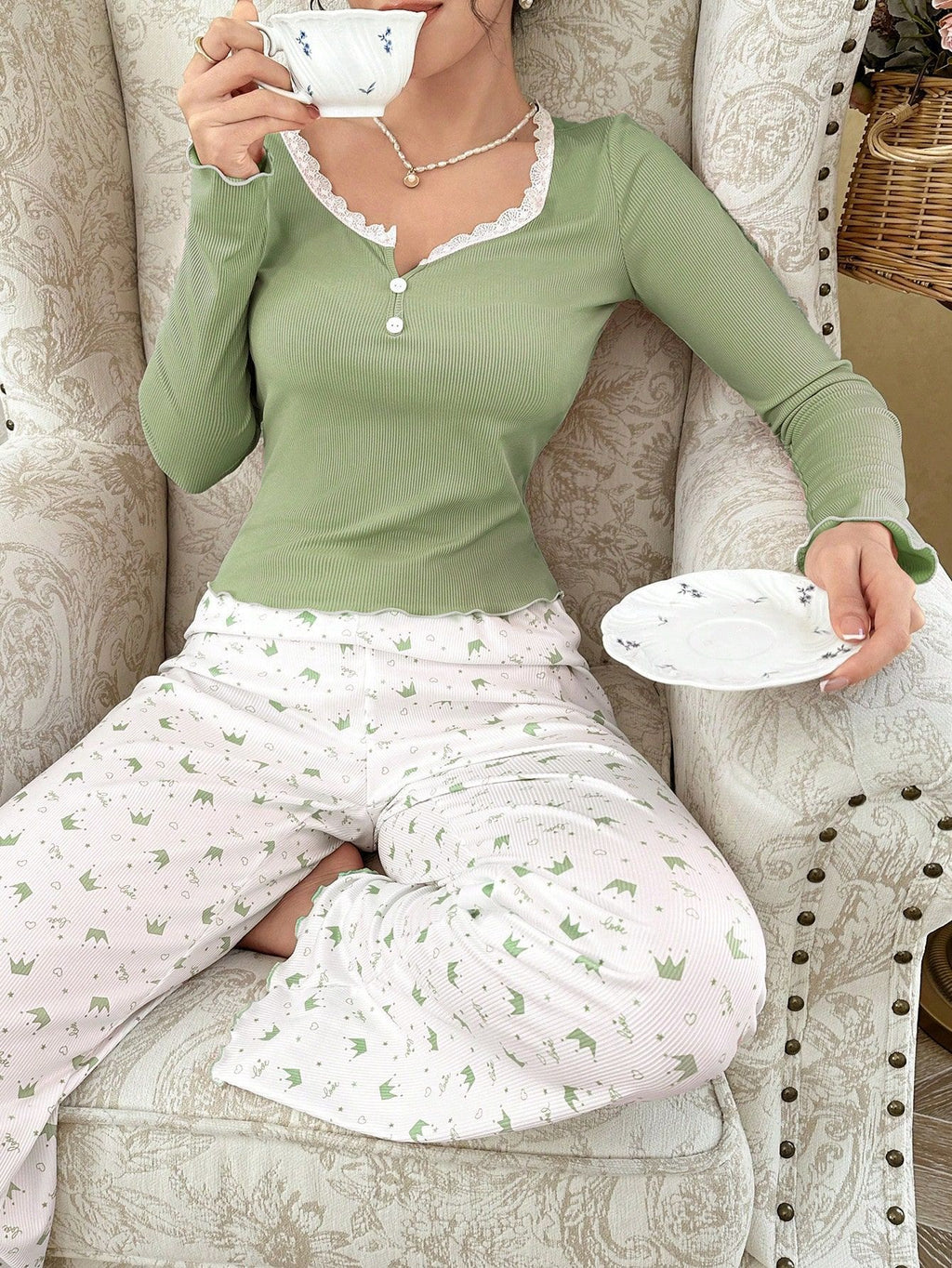 Women's Lace Long Sleeve Top And Pants Set
