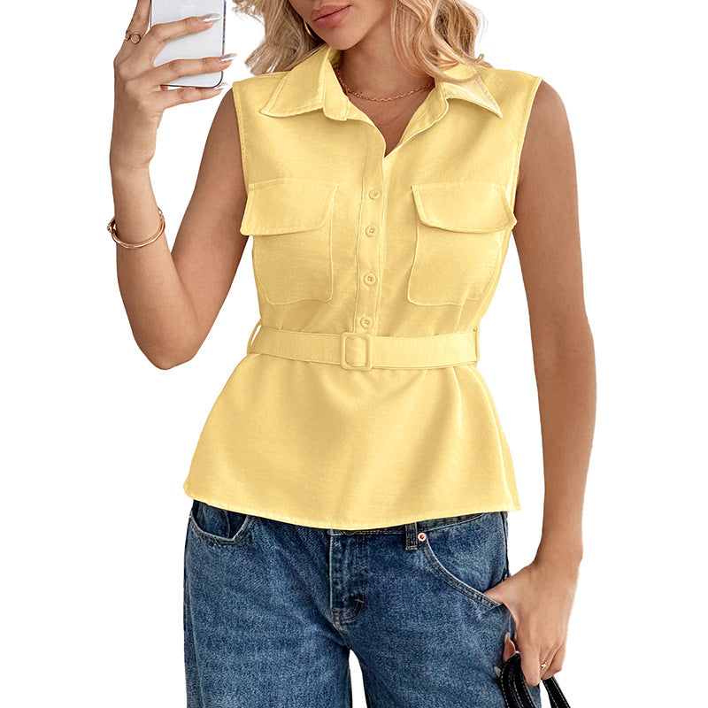 Women's Yellow Sleeveless Belted Cardigan Top