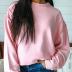 Women's Solid Blush Round Neck Drop Shoulder Long Sleeve Sweatshirt