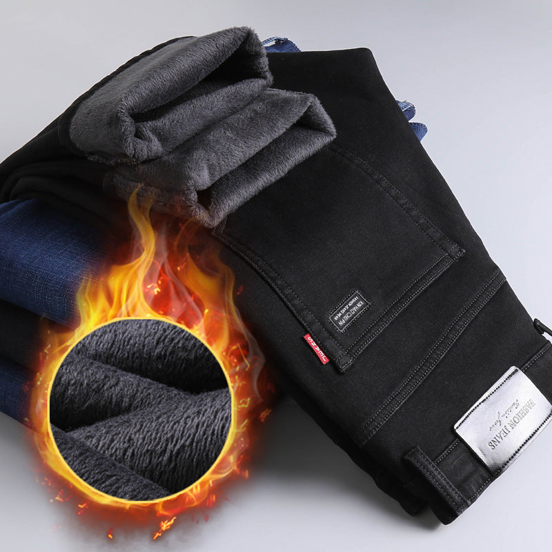 Men's Fleece Lined Thickened Black Jeans