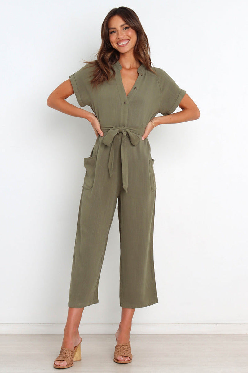 Women's V-neck Cropped Wide-Leg Jumpsuit