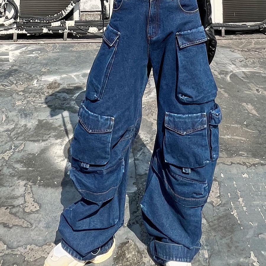 Women's Distressed Wide-leg Multi-pocket Jeans