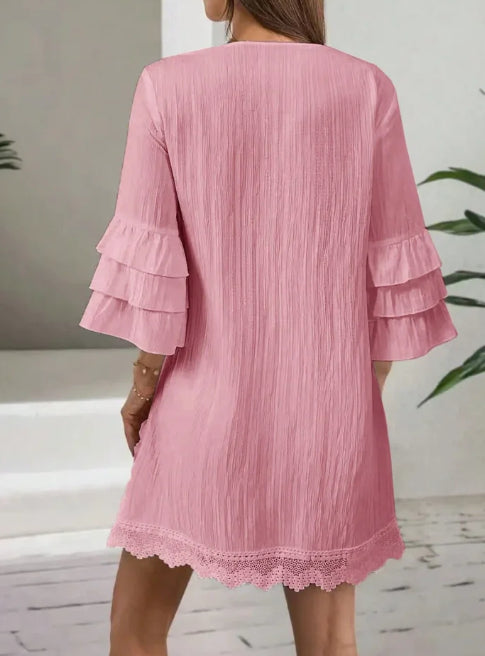 Women's Embroidered V-neck Tassel Lotus Leaf Sleeve Dress