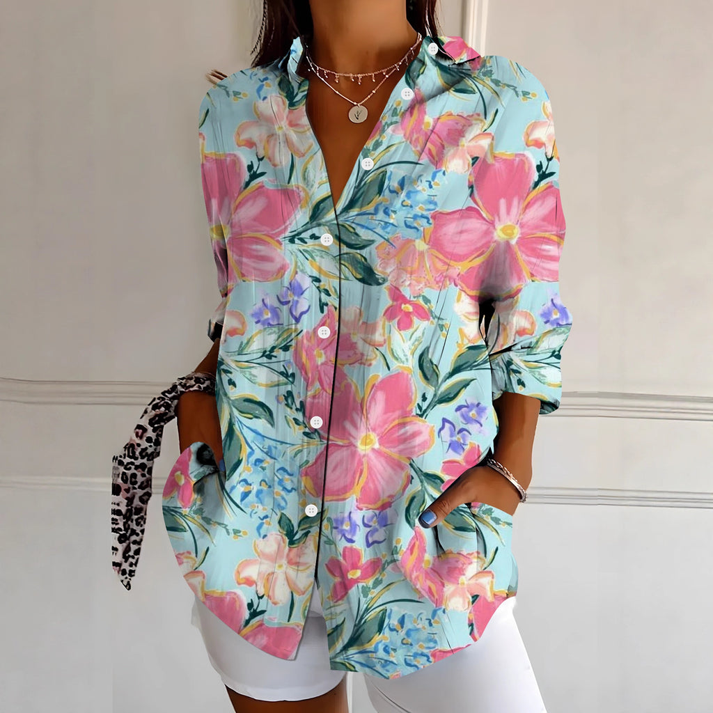 Women's Vibrant Colorful Floral-Patterned Long-Sleeve Shirt