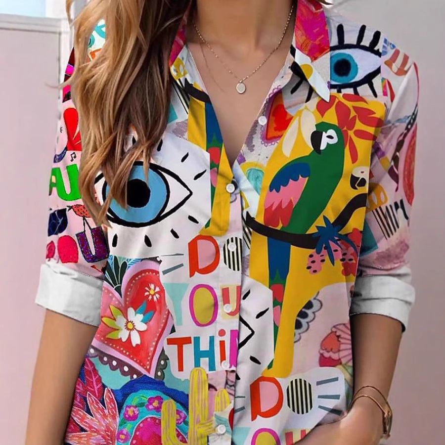 Women's Long-Sleeve Graffiti Lapel Shirt